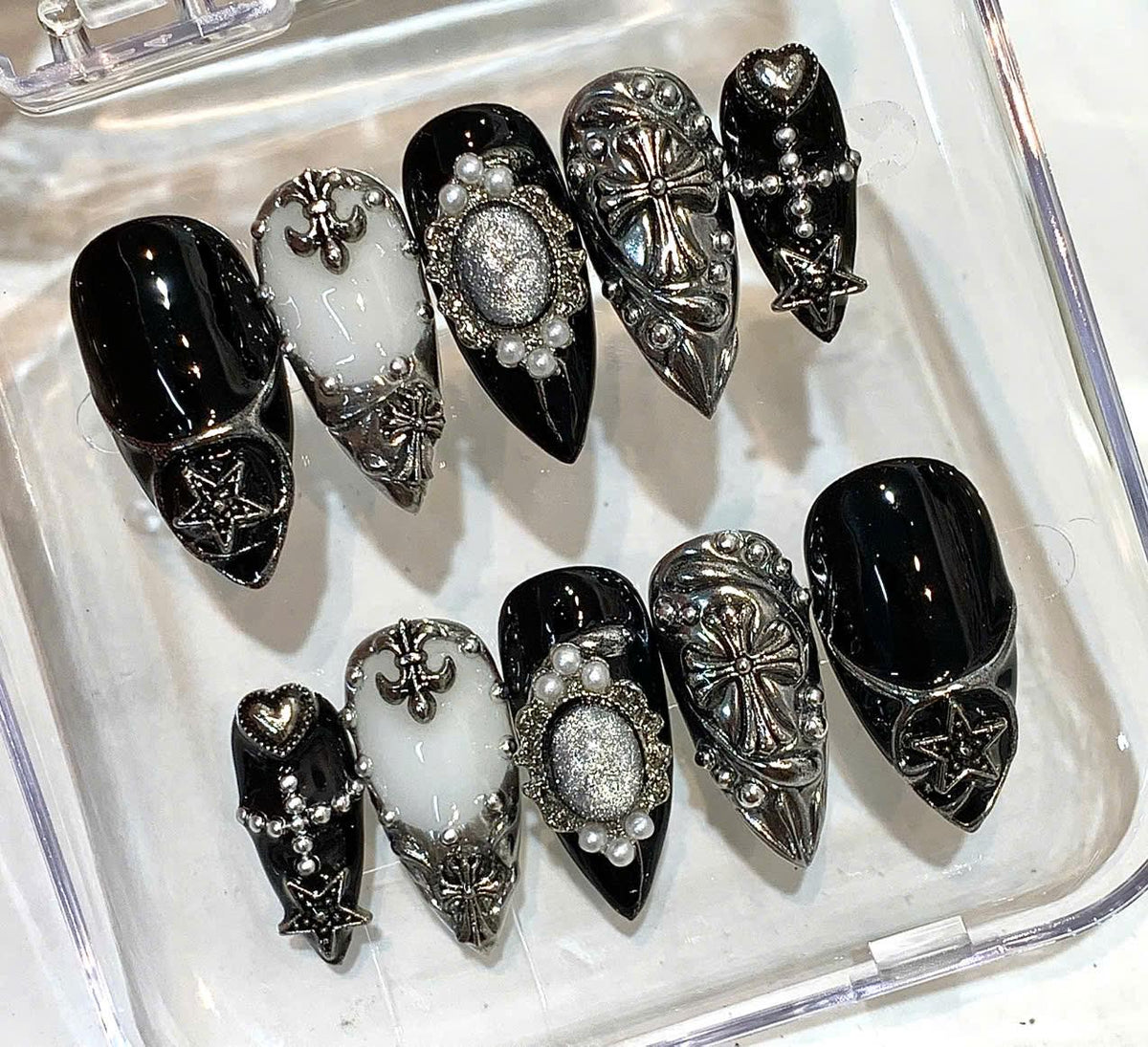 Gothic 3D Cross Press On Nails: Dark Chrome Star Nail Art
