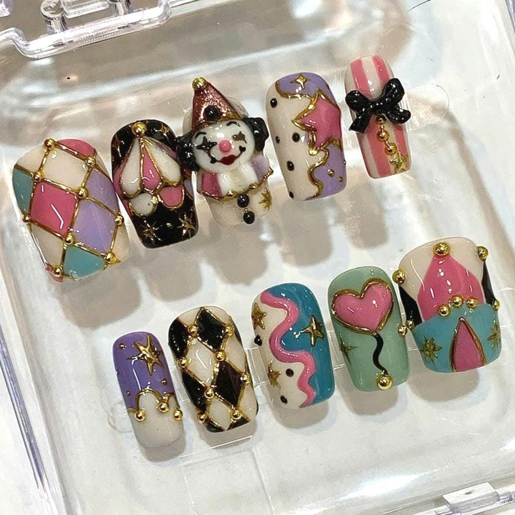 Halloween Circus Press On Nails, Spooky Carnival Clown Stiletto Set