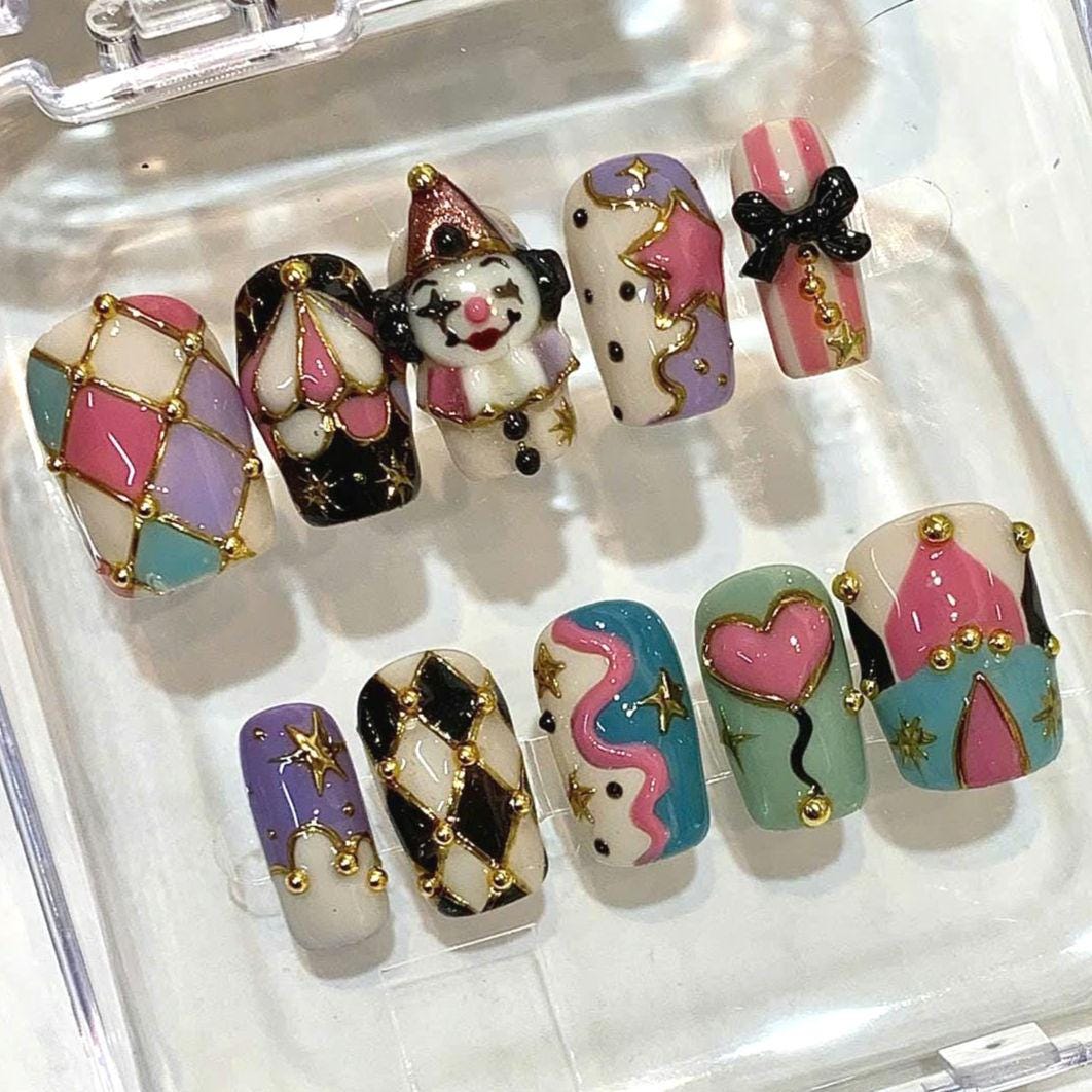 Halloween Circus Press On Nails, Spooky Carnival Clown Stiletto Set