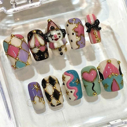 Halloween Circus Press On Nails, Spooky Carnival Clown Stiletto Set