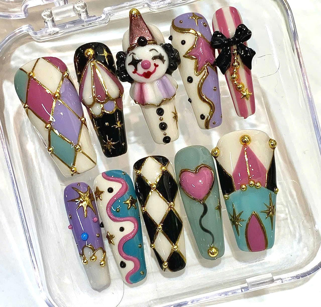 Halloween Circus Press On Nails, Spooky Carnival Clown Stiletto Set