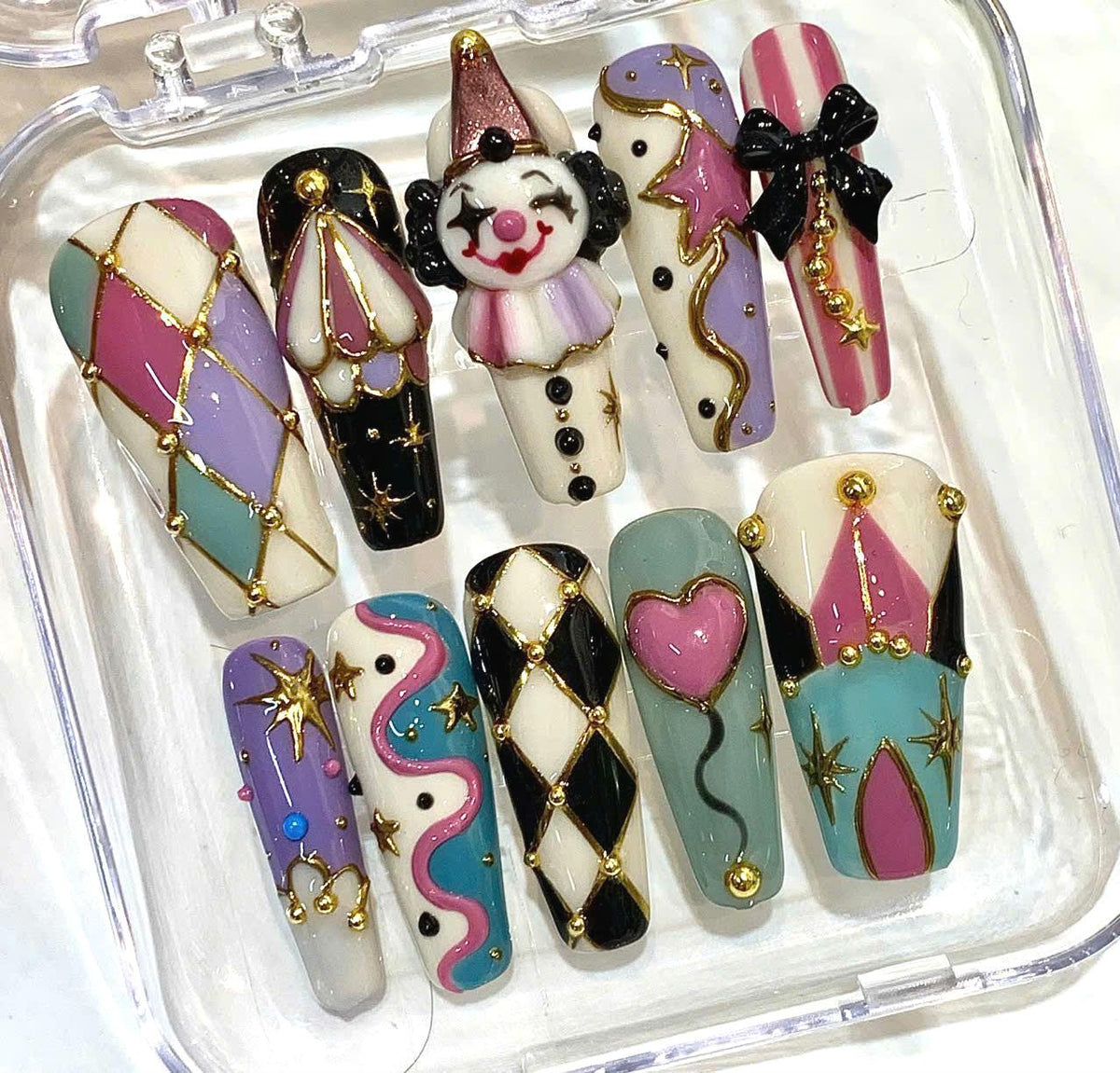 Halloween Circus Press On Nails, Spooky Carnival Clown Stiletto Set