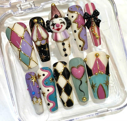 Halloween Circus Press On Nails, Spooky Carnival Clown Stiletto Set