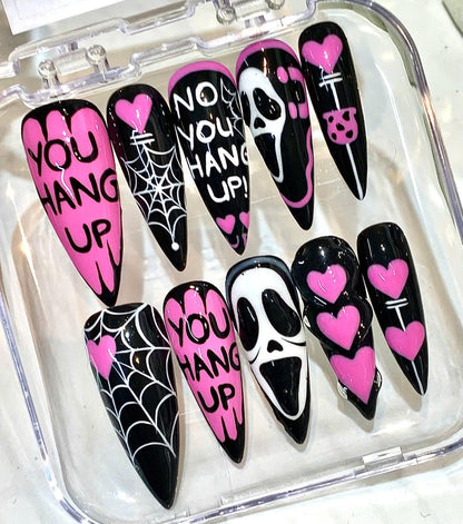Horror Scream Press On Nails: Pink Black Spooky Spider Web Nail Art