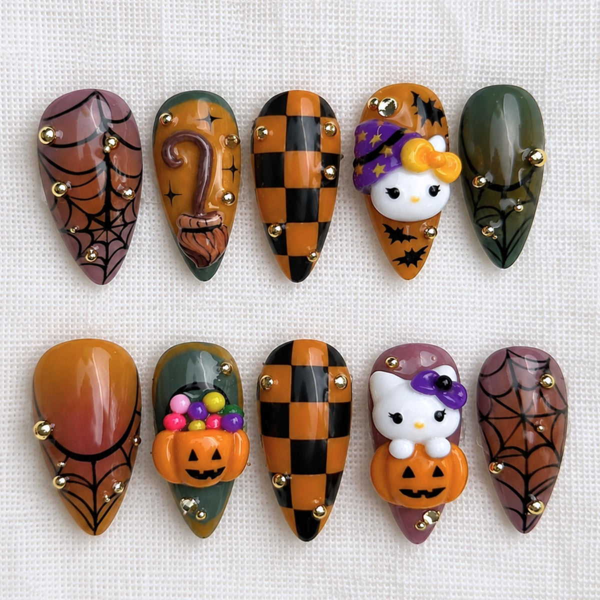 Spooky Halloween Press On Nails, 3D Kitty Pumpkin Witch Nails, Cosplay Creepy Cute Nails
