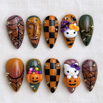 Spooky Halloween Press On Nails, 3D Kitty Pumpkin Witch Nails, Cosplay Creepy Cute Nails