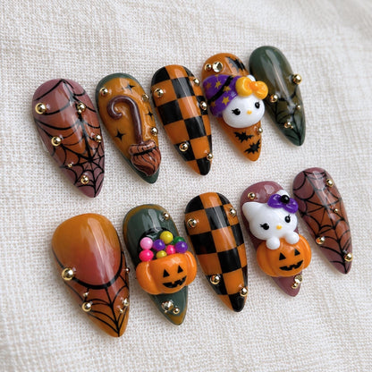 Spooky Halloween Press On Nails, 3D Kitty Pumpkin Witch Nails, Cosplay Creepy Cute Nails