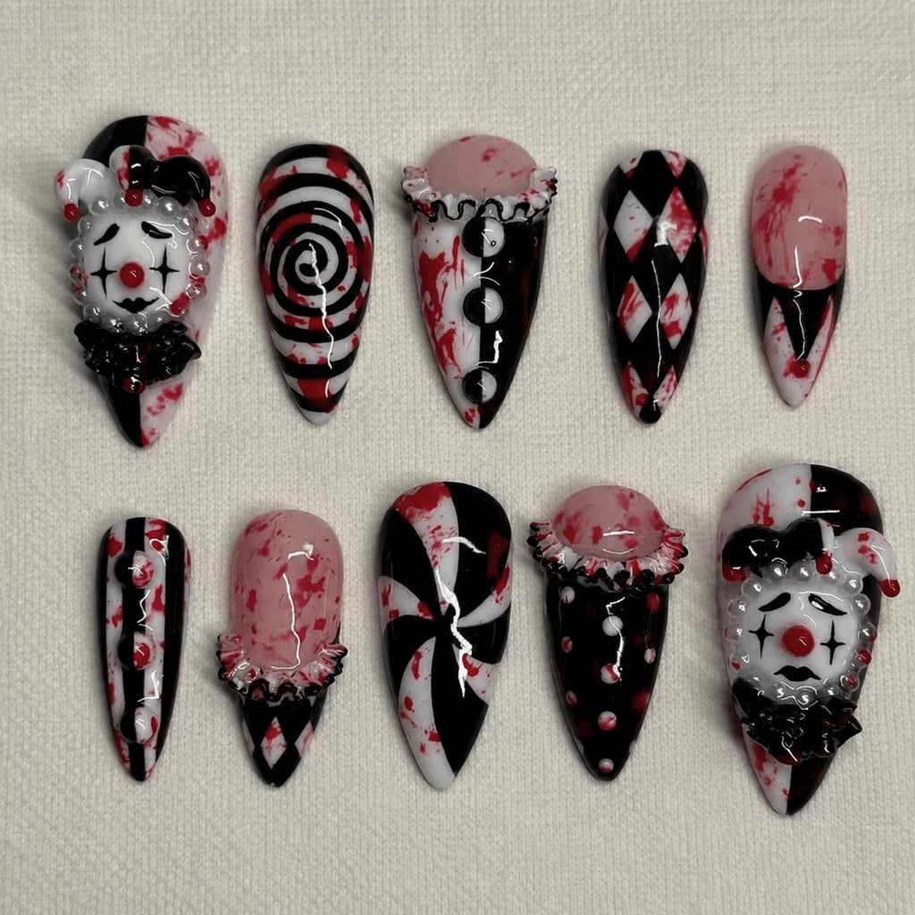 Halloween Gothic Clown Press On Nails, 3D Jester Bloody Circus Nail Art