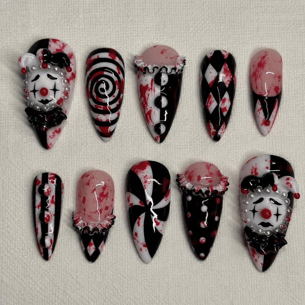 Halloween Gothic Clown Press On Nails, 3D Jester Bloody Circus Nail Art