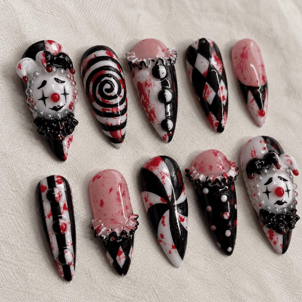 Halloween Gothic Clown Press On Nails, 3D Jester Bloody Circus Nail Art