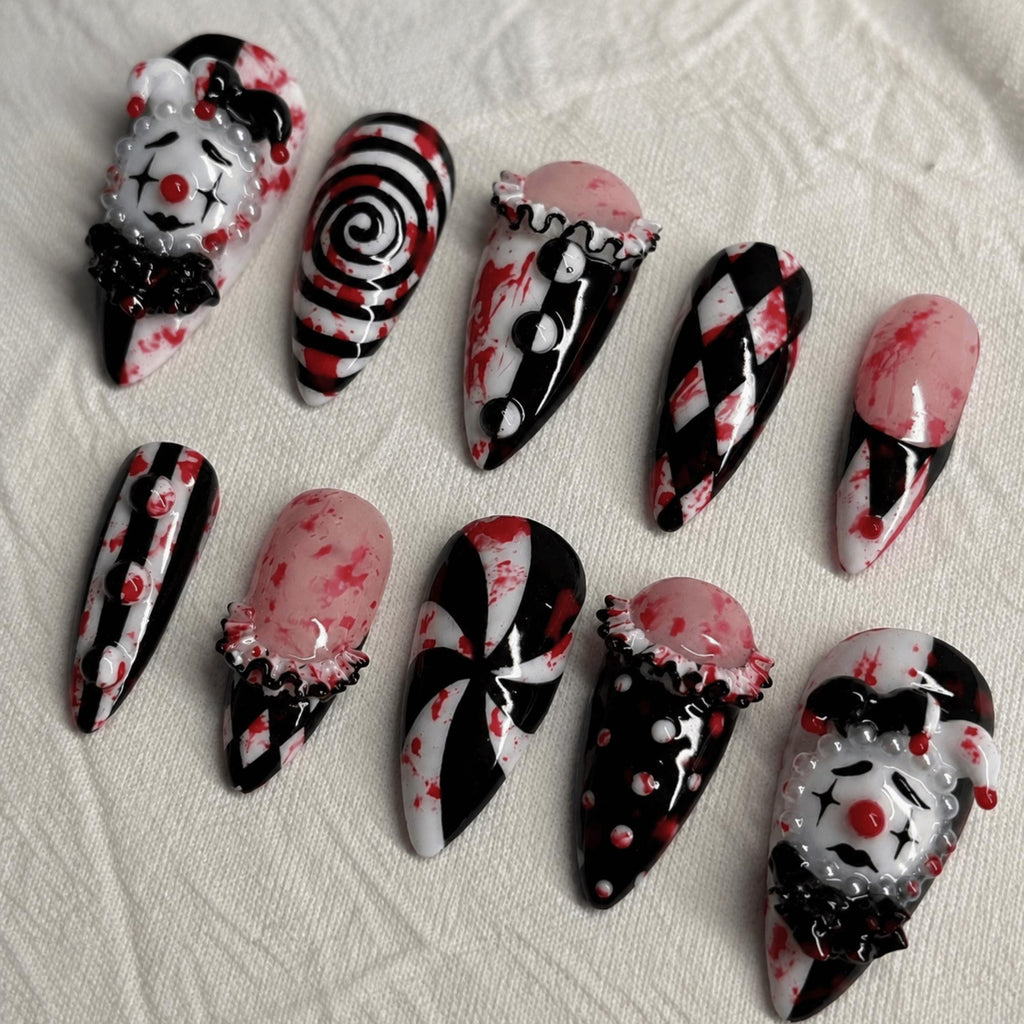 Halloween Gothic Clown Press On Nails, 3D Jester Bloody Circus Nail Art
