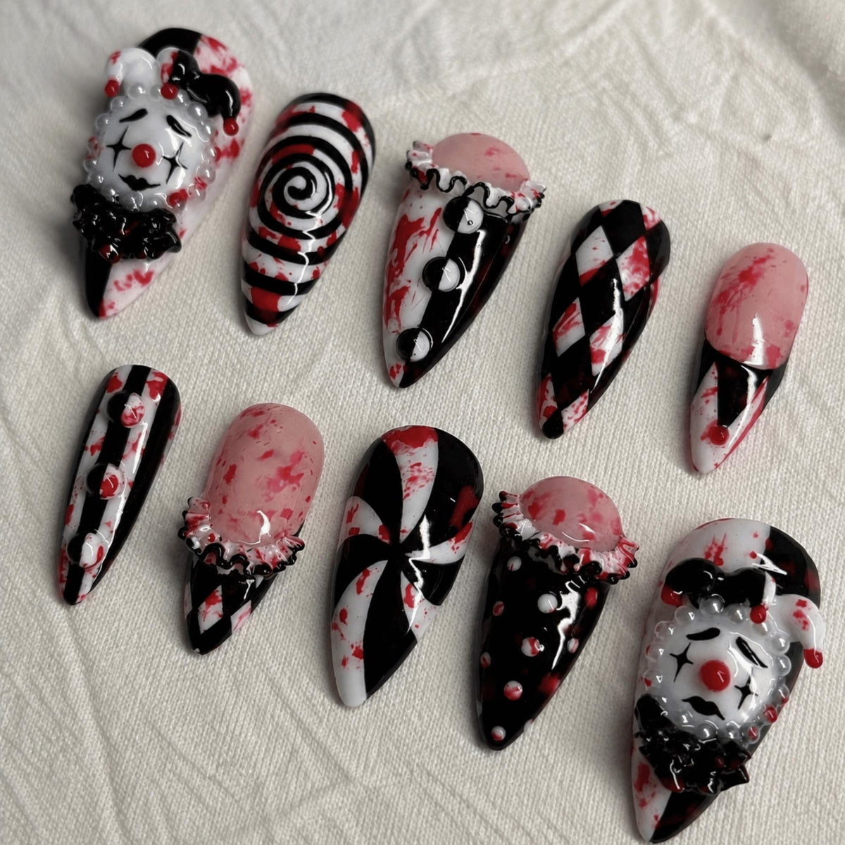 Halloween Gothic Clown Press On Nails, 3D Jester Bloody Circus Nail Art
