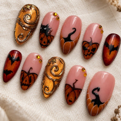 Amber Halloween Press On Nails, Pumpkin Black Cat Nails, Gold Gothic Nail Art