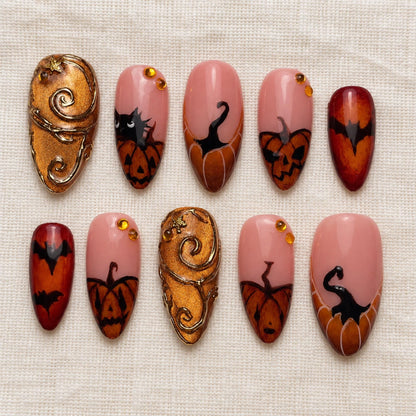 Amber Halloween Press On Nails, Pumpkin Black Cat Nails, Gold Gothic Nail Art