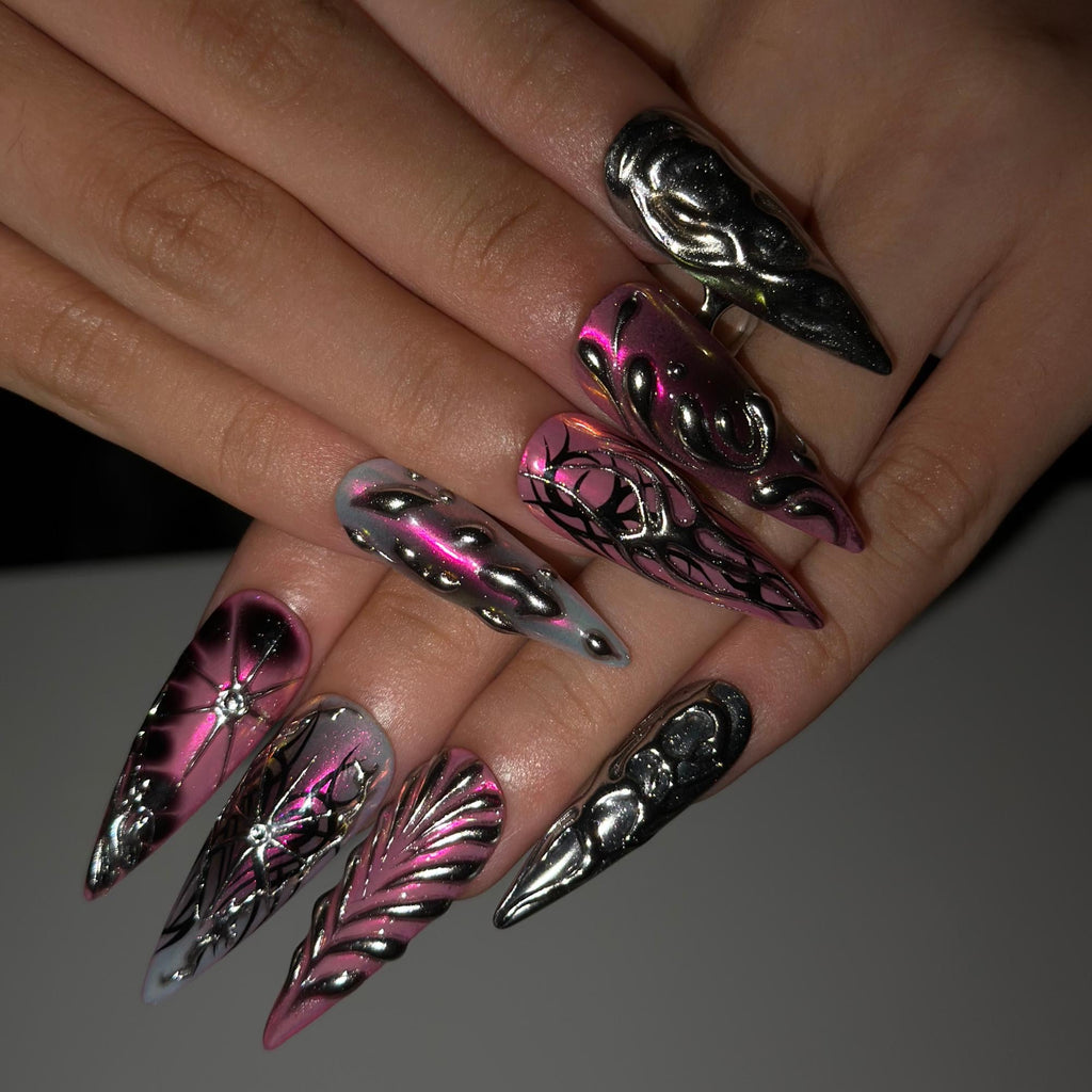 Gothic Press On Nails with Pink Chrome , 3D Spider Web Nails , Dark Glam Stiletto Nails for Hallowee | JB548WI