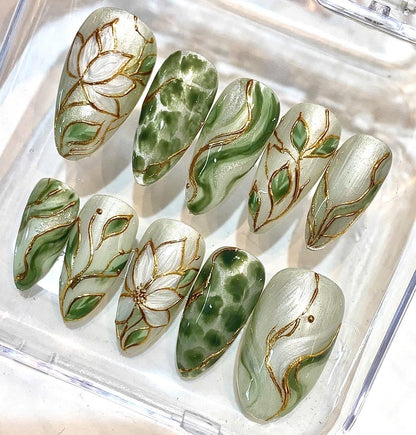 Hand-Painted Sage Green Floral Press-On Nails, Gold Botanical Design Set
