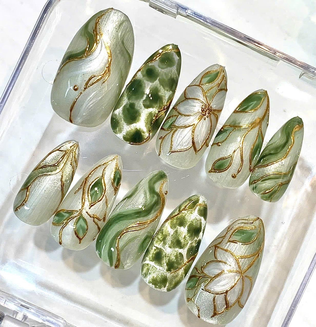 Hand-Painted Sage Green Floral Press-On Nails, Gold Botanical Design Set