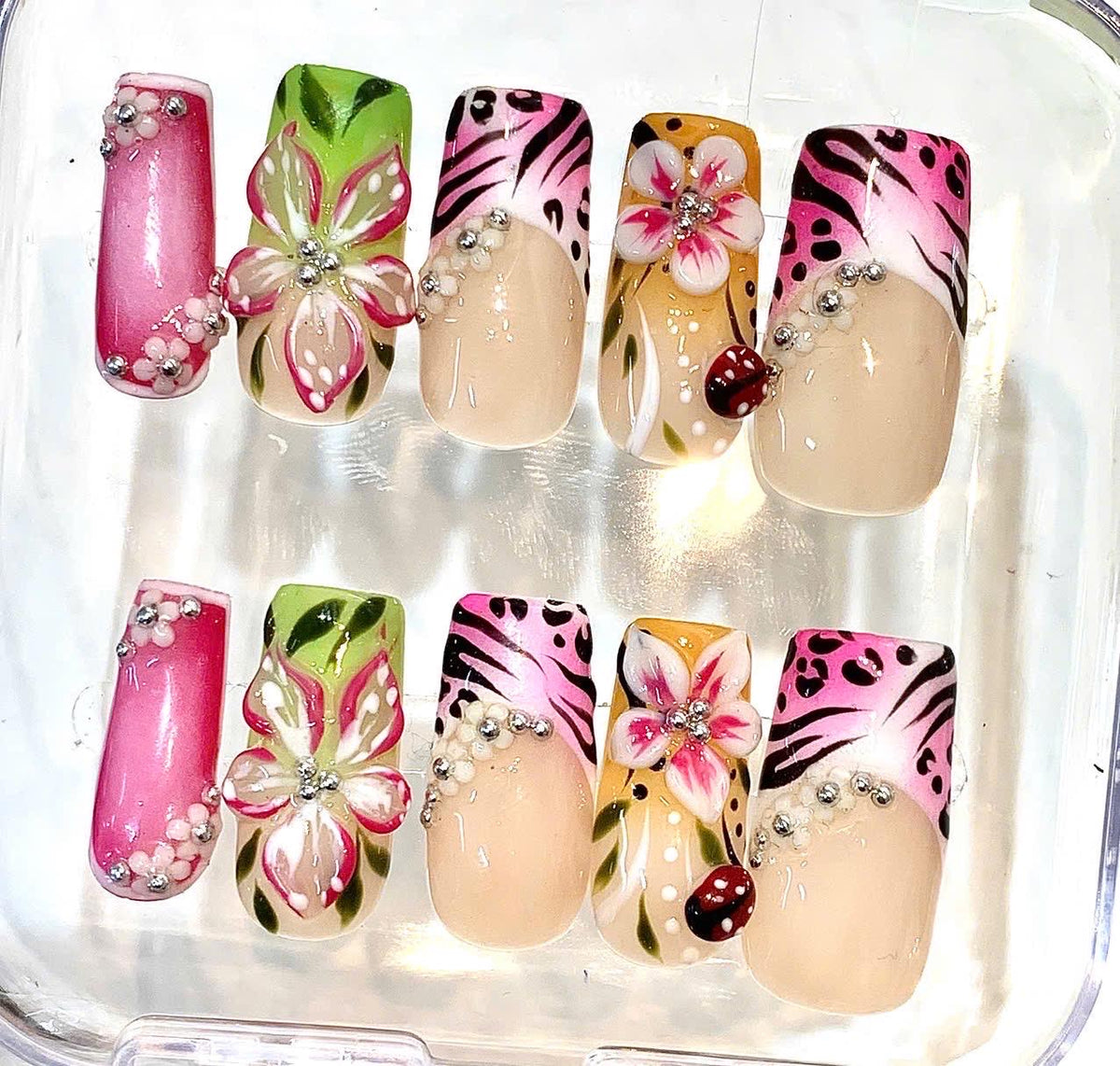 Hand-Painted Pink Floral Garden Square French Tip Nails, 3D Spring Nail Set