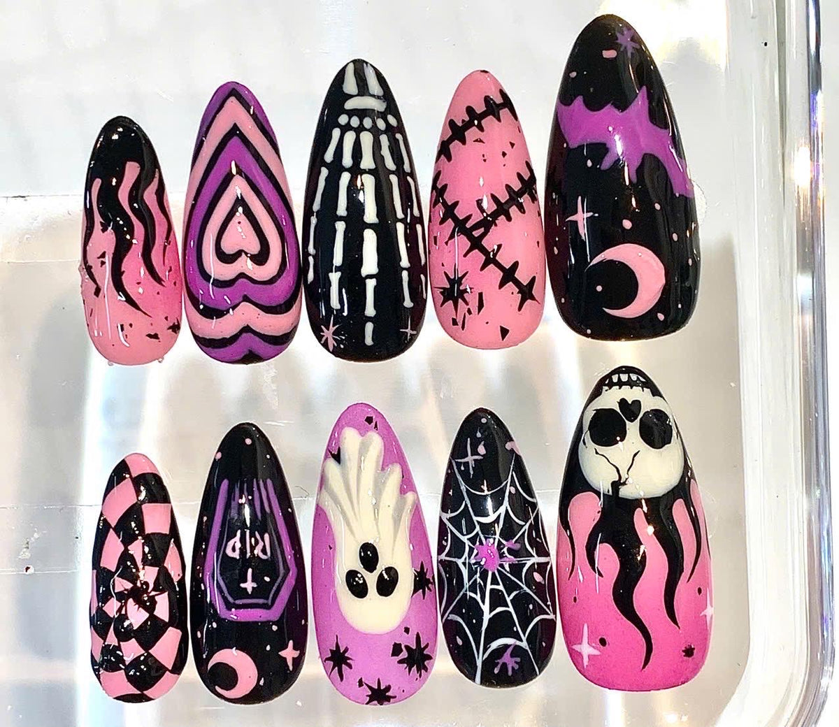 Hand-Painted Gothic Press-On Nails, Pink Purple Halloween Set (Reusable)
