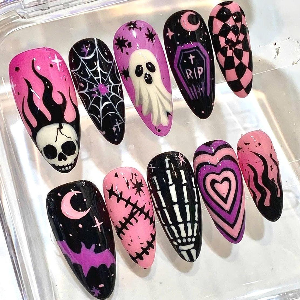 Hand-Painted Gothic Press-On Nails, Pink Purple Halloween Set (Reusable)