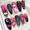 Hand-Painted Gothic Press-On Nails, Pink Purple Halloween Set (Reusable)