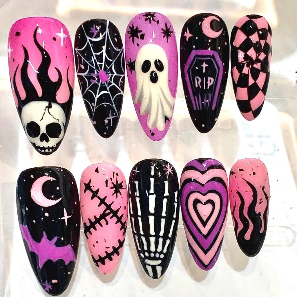 Hand-Painted Gothic Press-On Nails, Pink Purple Halloween Set (Reusable)