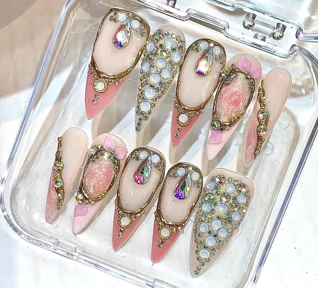 Luxury Pink Press-On Nails, Rhinestone Crystal, Blush Gold Glam Bridal Set