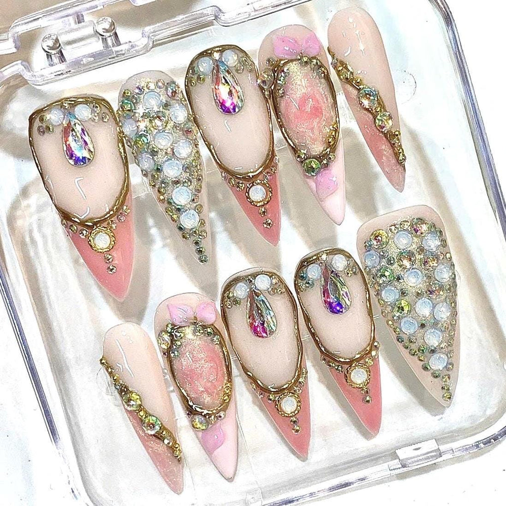 Luxury Pink Press-On Nails, Rhinestone Crystal, Blush Gold Glam Bridal Set