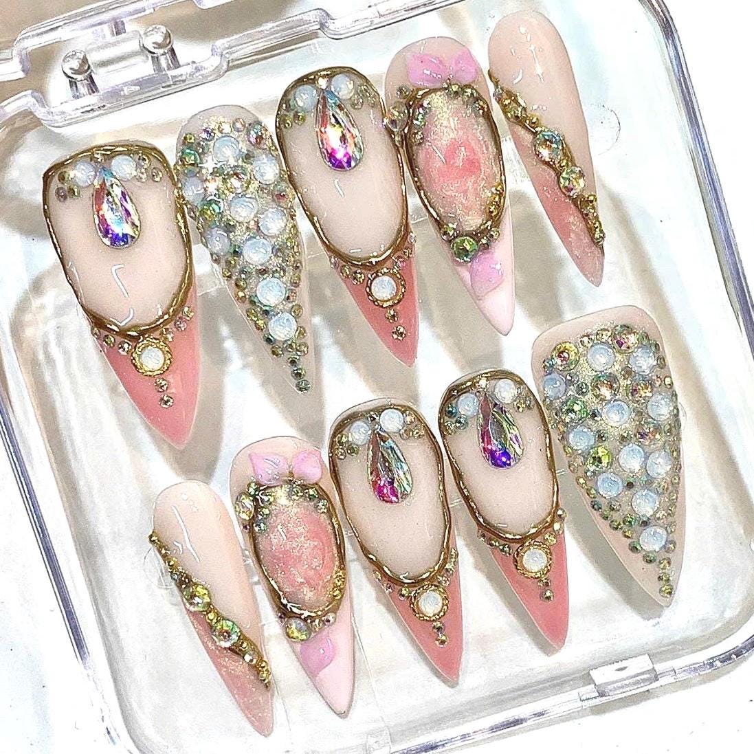 Luxury Pink Press-On Nails, Rhinestone Crystal, Blush Gold Glam Bridal Set