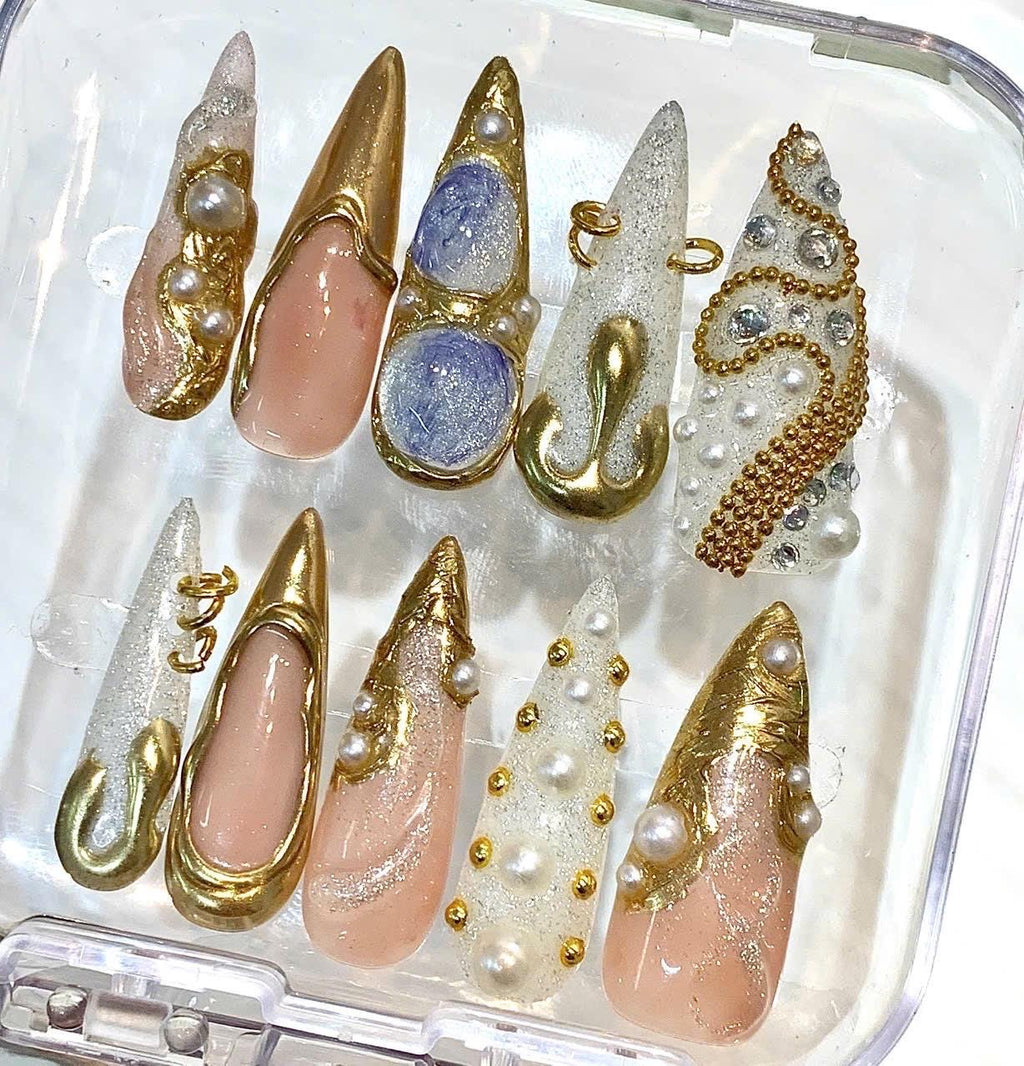 Gold Chrome Press On Nails, Pearl Nude Nails, Luxury 3D Metallic Nails, Rhinestone Glam Nails, Elegant Handmade Stiletto Nail Set