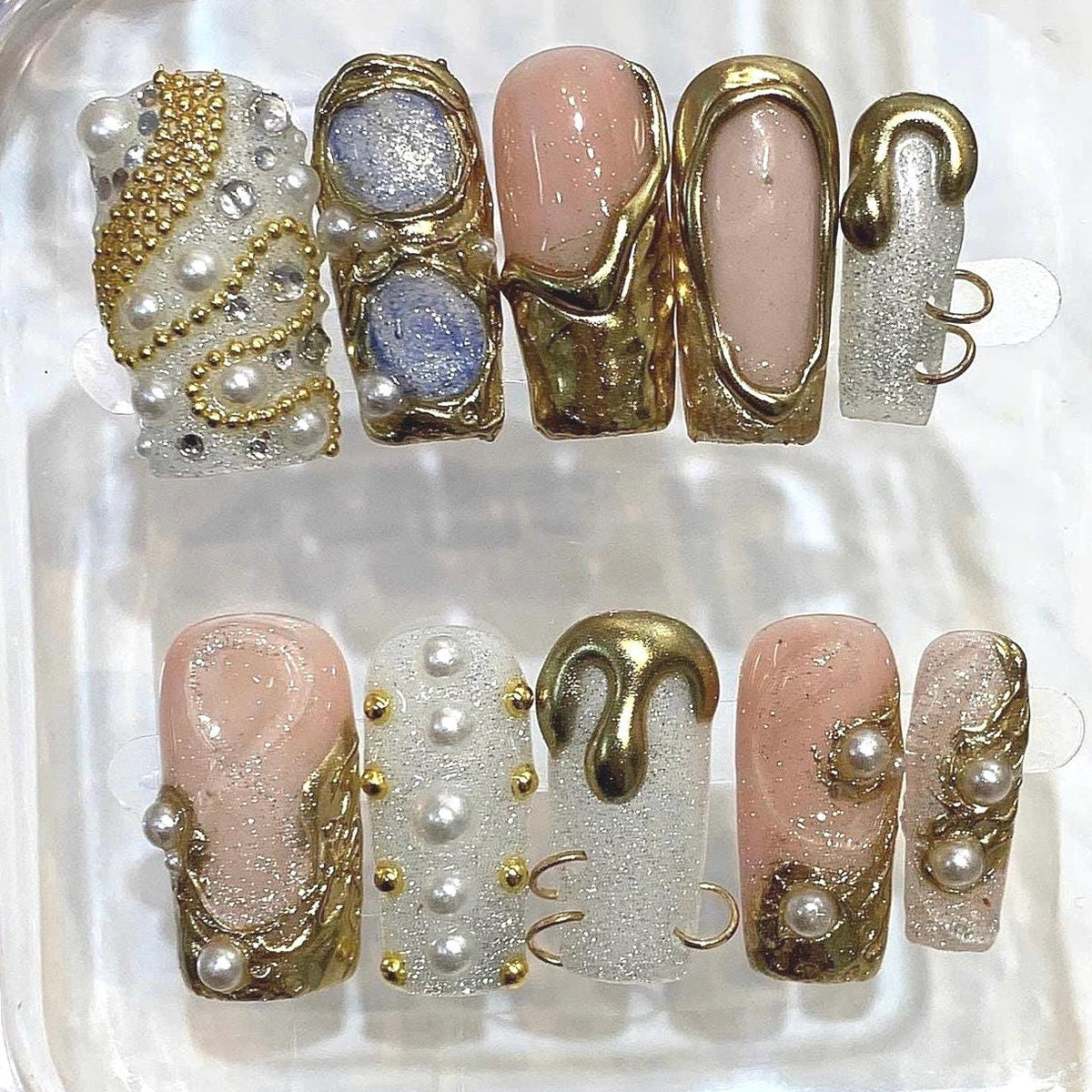 Gold Chrome Press On Nails, Pearl Nude Nails, Luxury 3D Metallic Nails, Rhinestone Glam Nails, Elegant Handmade Stiletto Nail Set