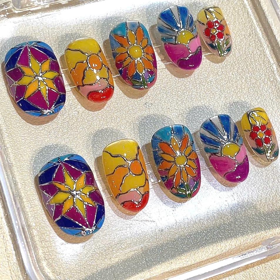 Hand Painted Stained Glass Press On Nails: Flower Sunset Nail Art