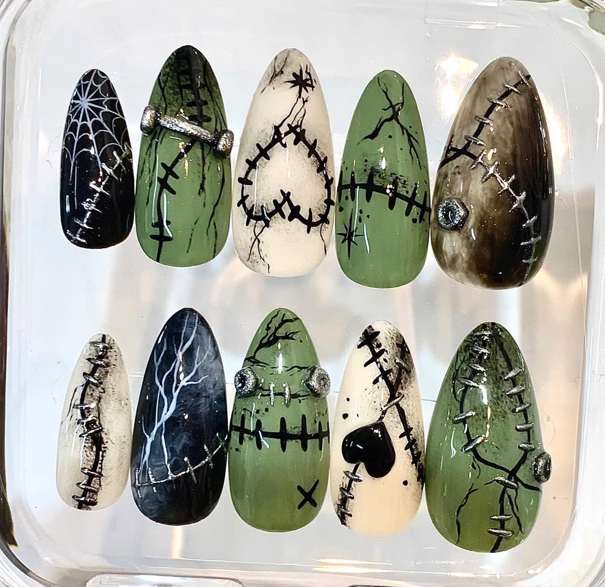 Gothic Press-On Nails, Stitched Heart, Spider Web, Grunge Halloween Set