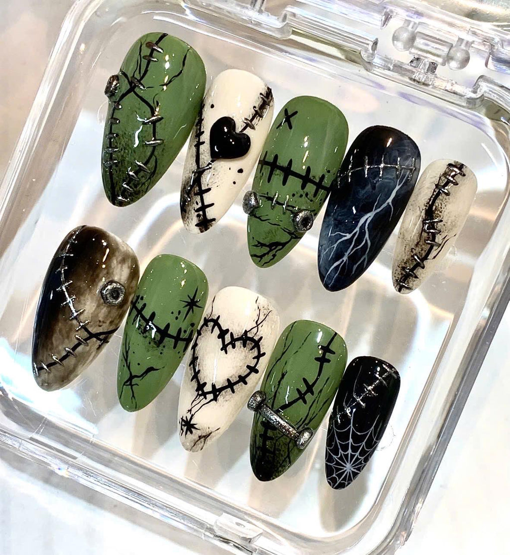Gothic Press-On Nails, Stitched Heart, Spider Web, Grunge Halloween Set