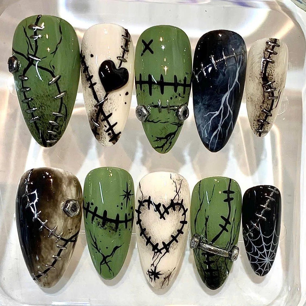 Gothic Press-On Nails, Stitched Heart, Spider Web, Grunge Halloween Set