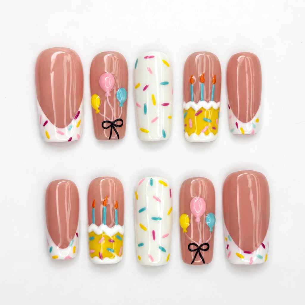 Birthday Press On Nails with Cake and Balloons , Cute Confetti Nail Art , Handmade Party Nails for Birthday Girl  | JB549WA
