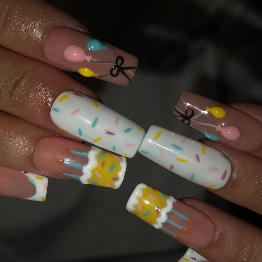 Birthday Press On Nails with Cake and Balloons , Cute Confetti Nail Art , Handmade Party Nails for Birthday Girl  | JB549WA
