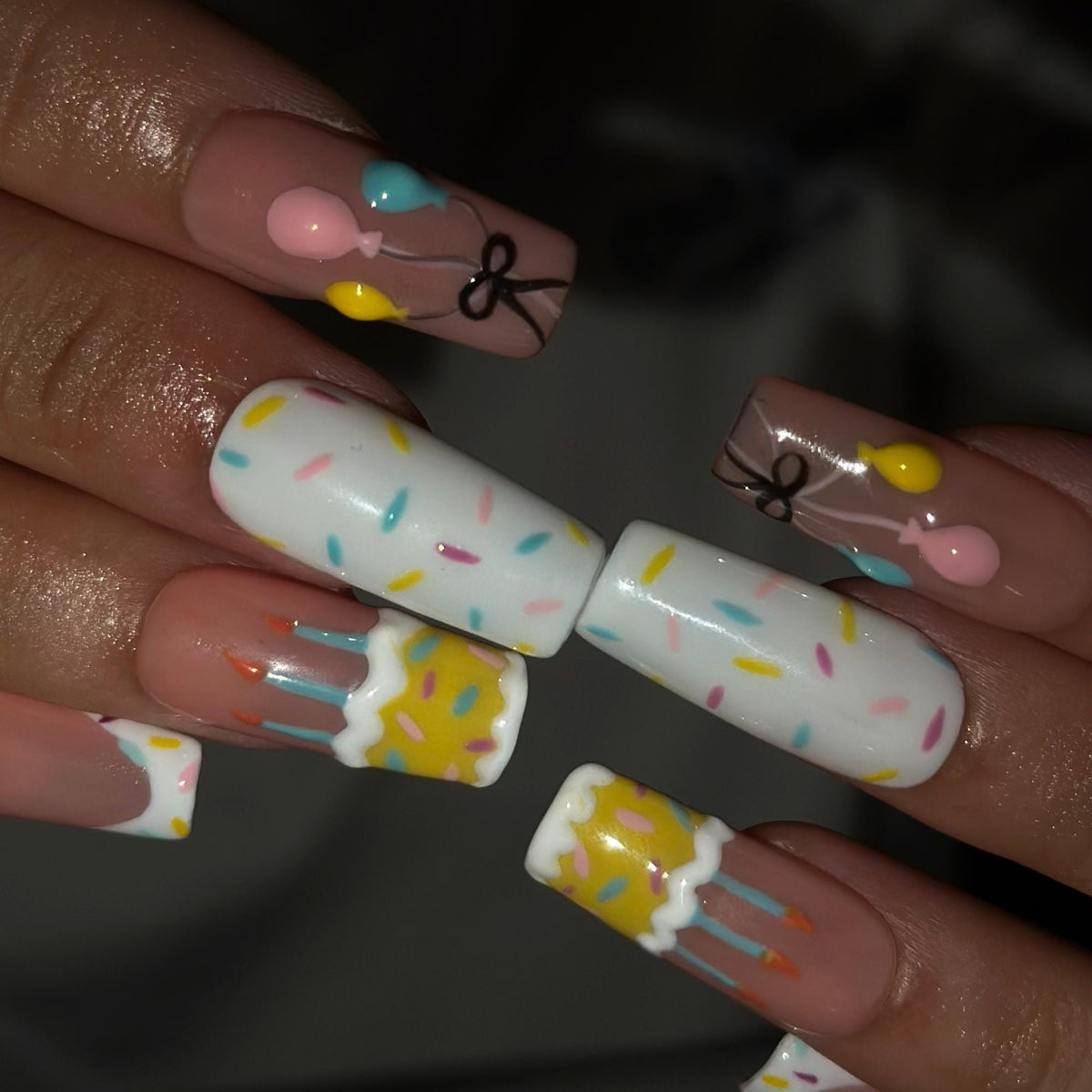 Birthday Press On Nails with Cake and Balloons , Cute Confetti Nail Art , Handmade Party Nails for Birthday Girl  | JB549WA