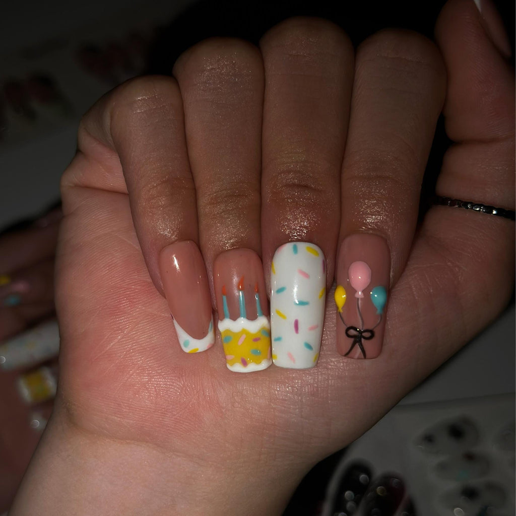 Birthday Press On Nails with Cake and Balloons , Cute Confetti Nail Art , Handmade Party Nails for Birthday Girl  | JB549WA