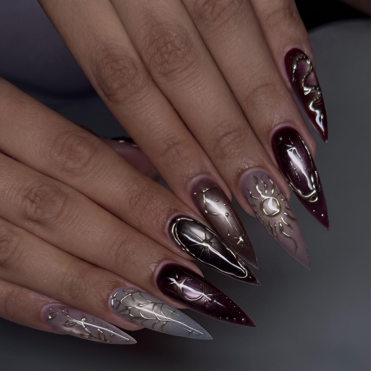 Burgundy Press On Nails with Silver Chrome Art | Dark Romantic Metallic Design | Long Stiletto Nails | JB551UI