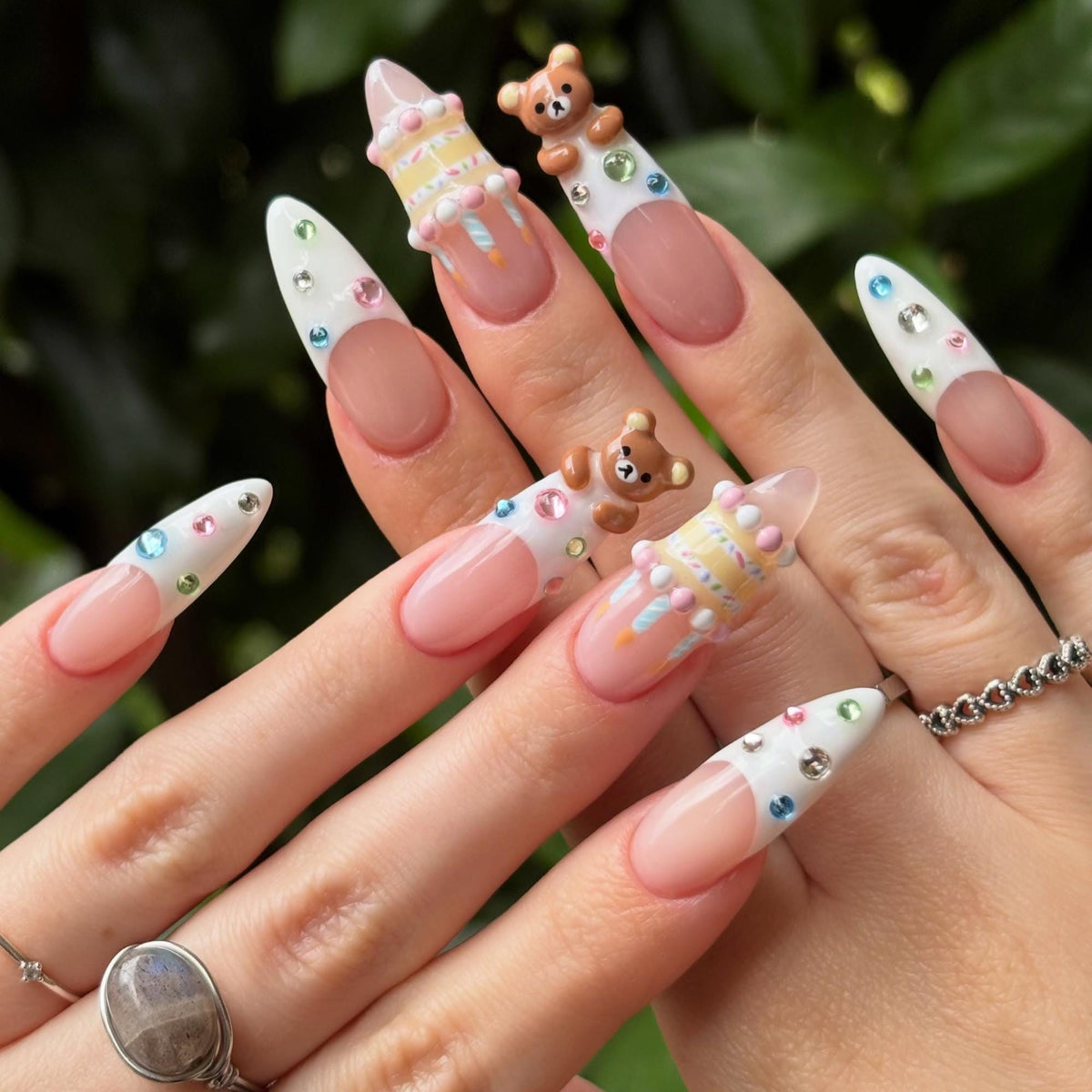 3D Birthday Cake Press On Nails, Kawaii Bear Rhinestone French Tip Nails