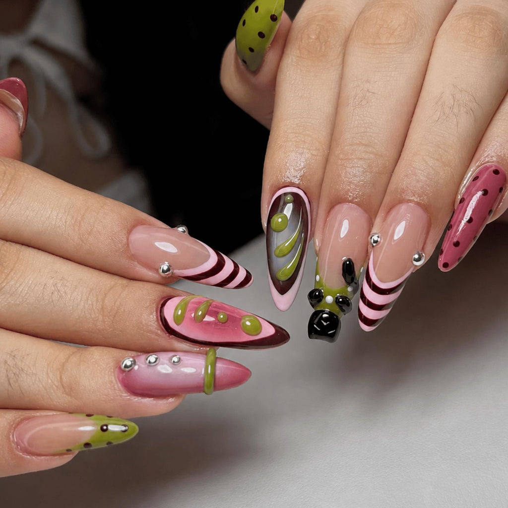 Retro Black Cat Press On Nails, 3D Polka Dot Nails, Pink Green Funky Nail Art