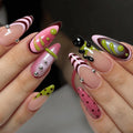 Retro Black Cat Press On Nails, 3D Polka Dot Nails, Pink Green Funky Nail Art