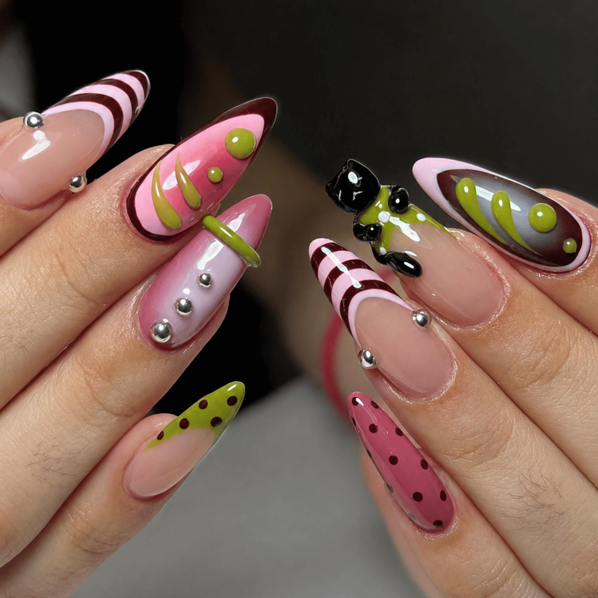 Retro Black Cat Press On Nails, 3D Polka Dot Nails, Pink Green Funky Nail Art
