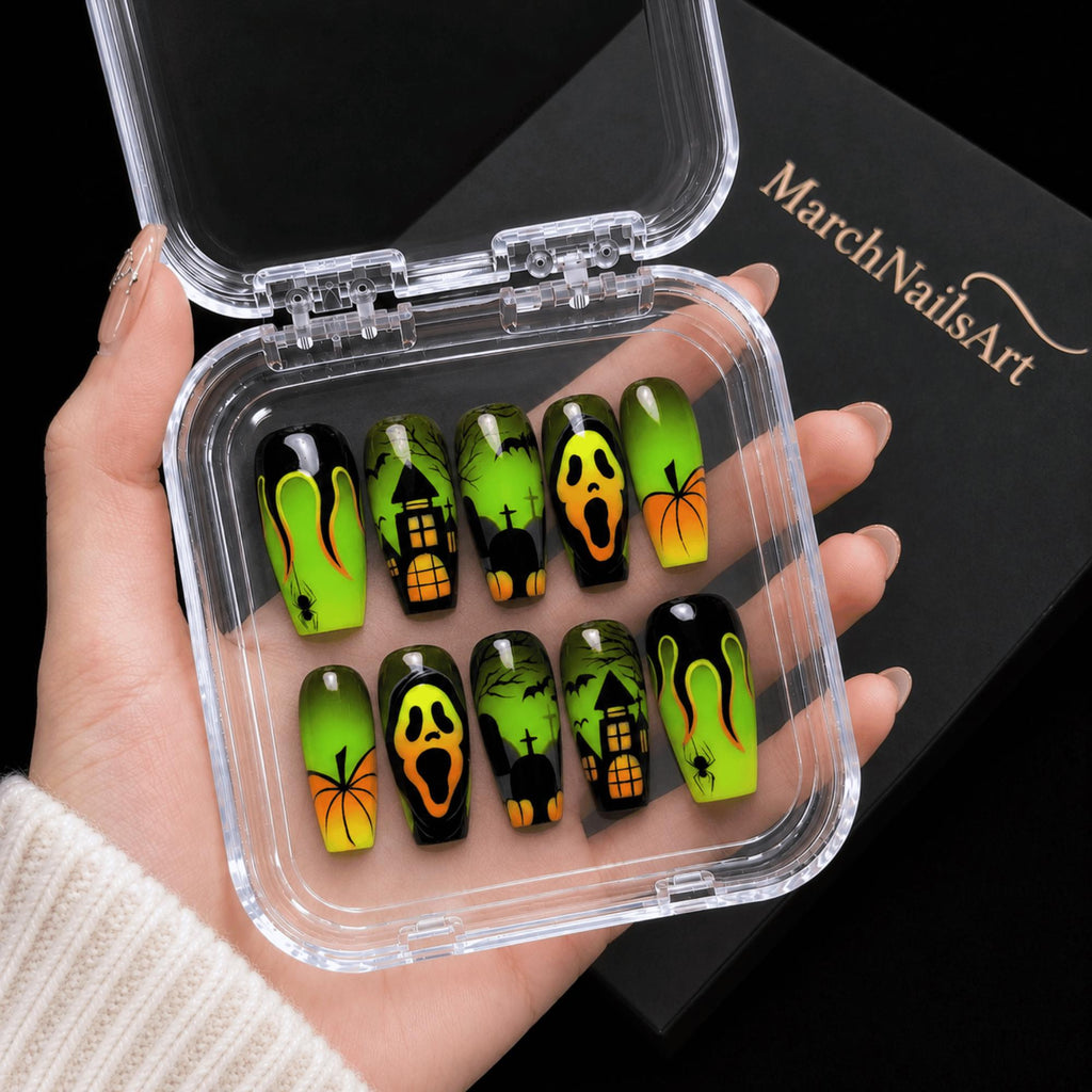 Scream Halloween Press On Nails, Spooky Green Ghost and Pumpkin Nail Art