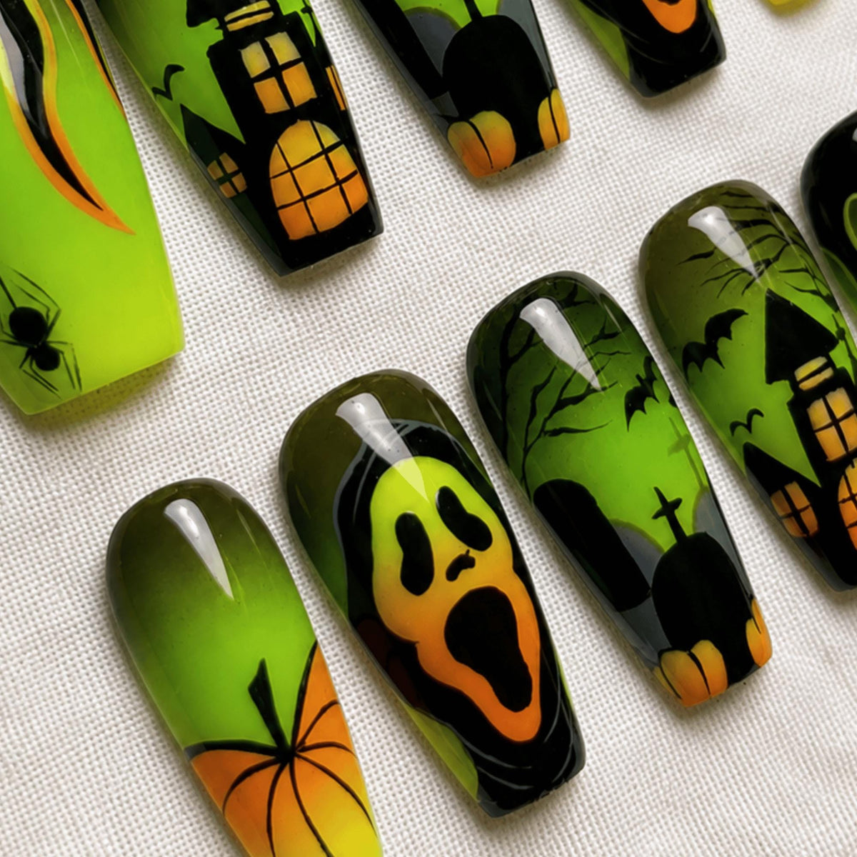 Scream Halloween Press On Nails, Spooky Green Ghost and Pumpkin Nail Art