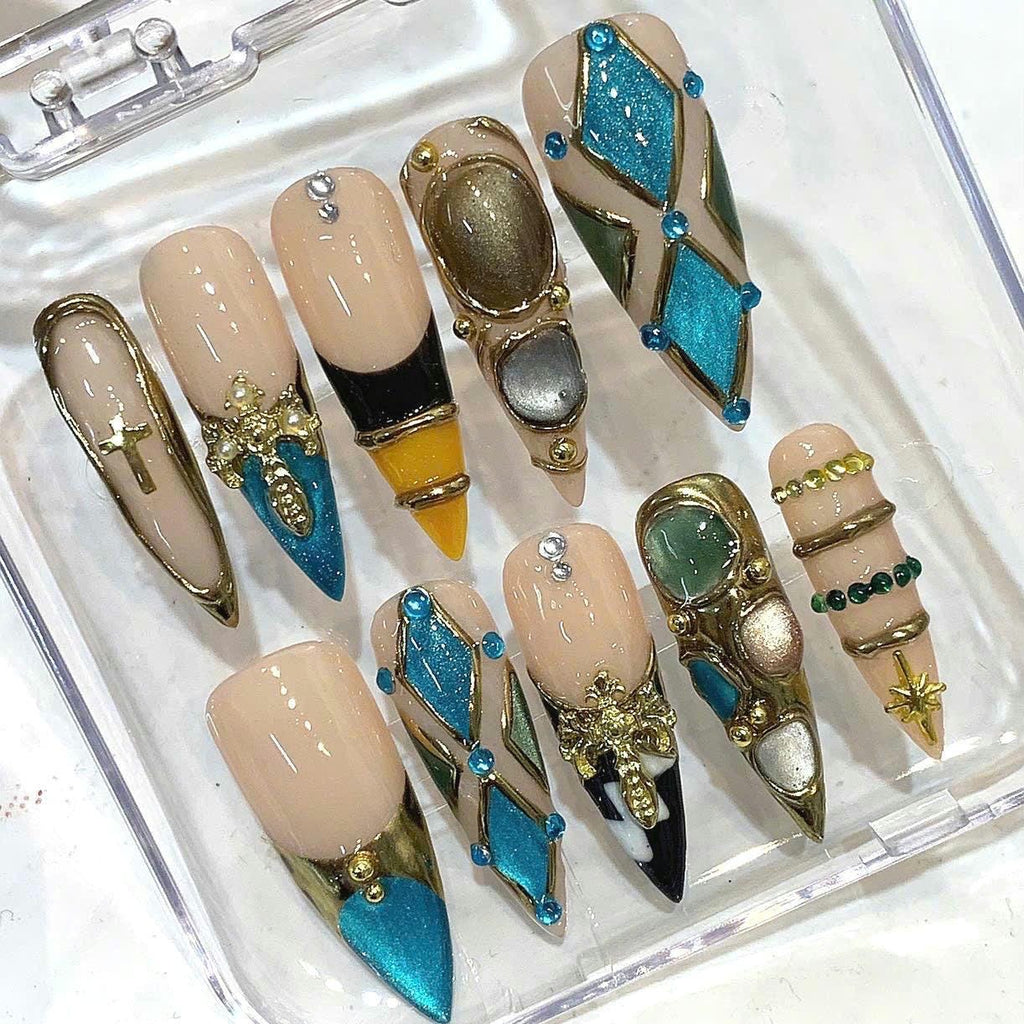 Turquoise Gold Cross Charm Stiletto Press On Nails, Y2K Glam Chrome Set