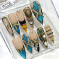 Turquoise Gold Cross Charm Stiletto Press On Nails, Y2K Glam Chrome Set