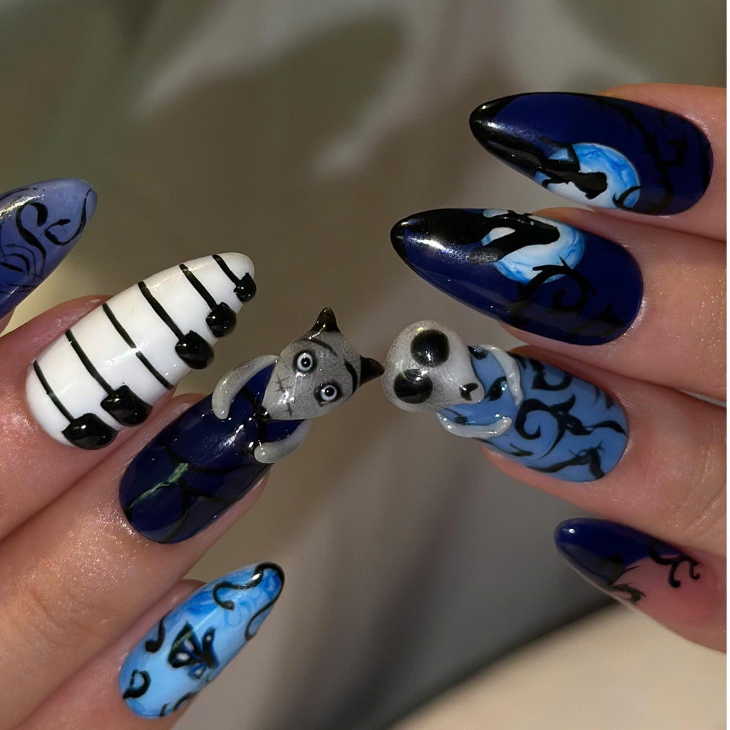 Dark Fantasy Press On Nails with Gothic Art | Midnight Blue 3D Details | Spooky Storybook Nails | JB552UC
