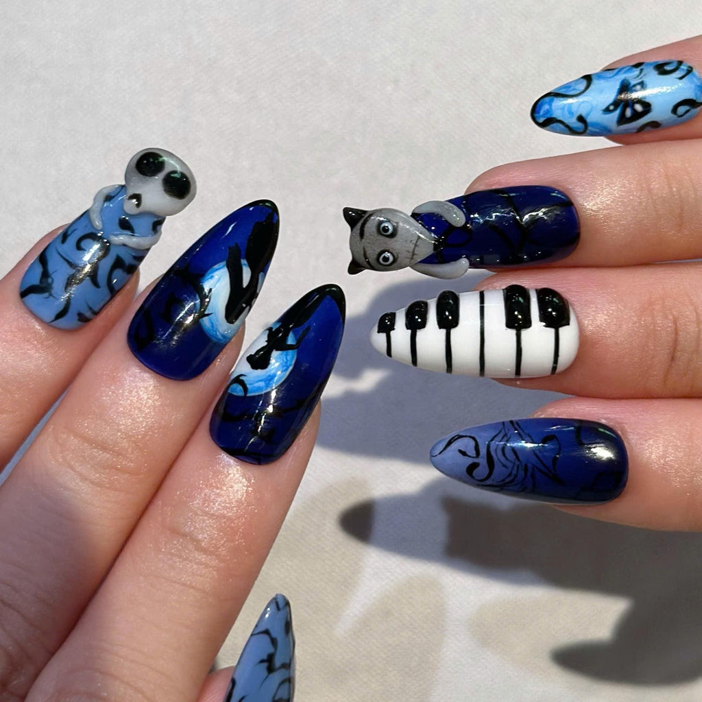 Dark Fantasy Press On Nails with Gothic Art | Midnight Blue 3D Details | Spooky Storybook Nails | JB552UC